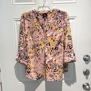 JM Collection Pink Yellow Floral Blouse Top Size Petite Medium 3/4 Sleeve Work